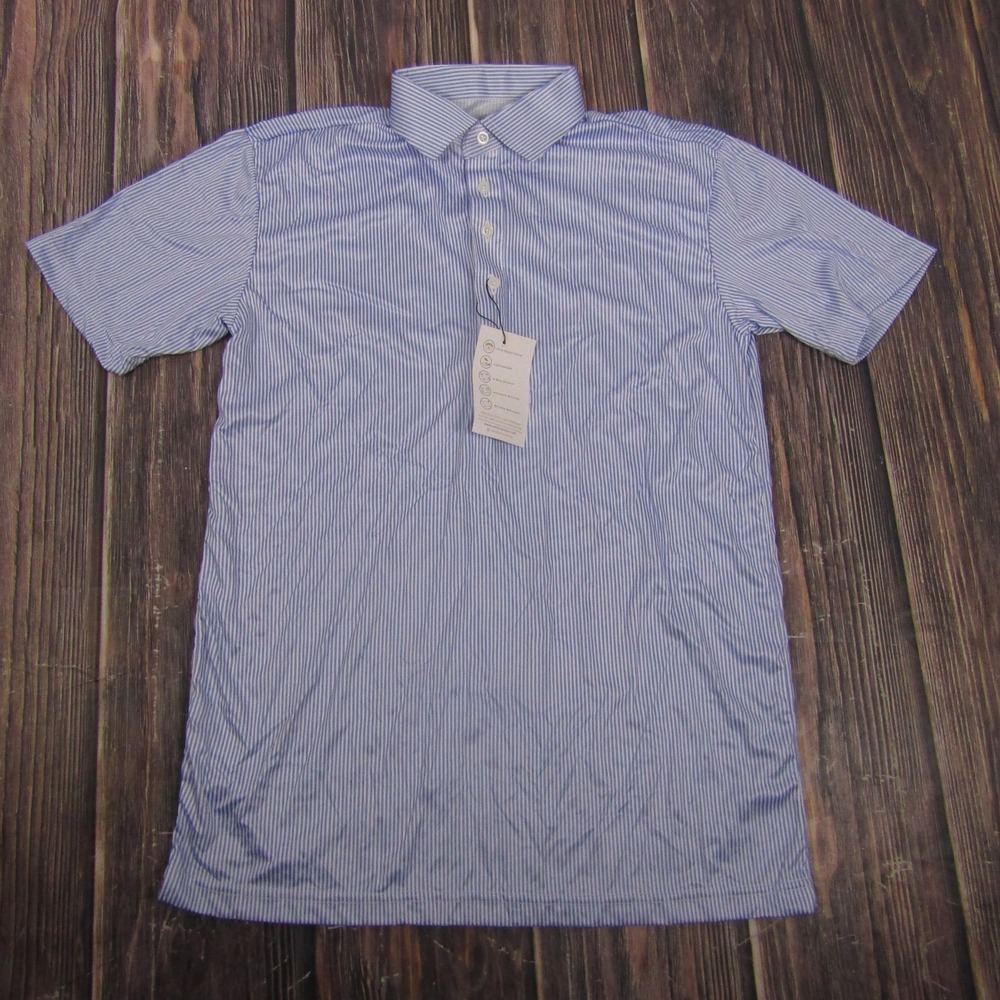 Collars & Co Polo Shirt Mens Medium Blue Stripe‎ Dress Collar Golf Performance